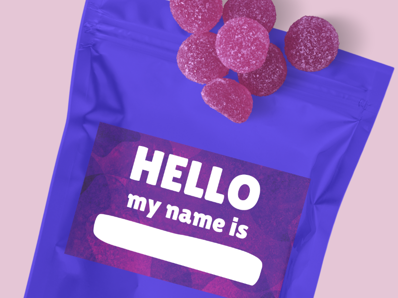 Purple gummy package with label that says, 