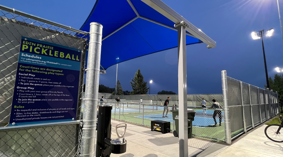 entrance of Miller Park pickleball courts with overhead lighting in place